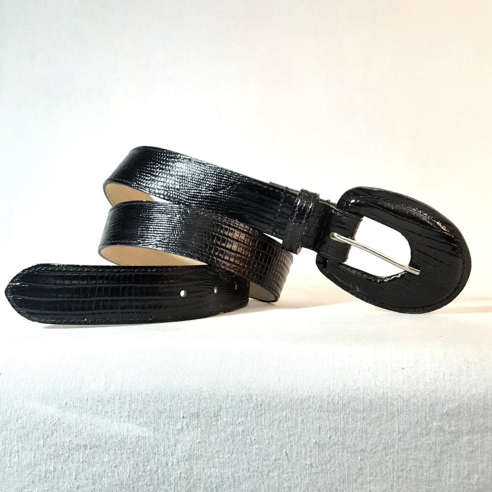 💎Womens Black Shiny Lizard Print Lightweight Leather Belt Size 8 Retro